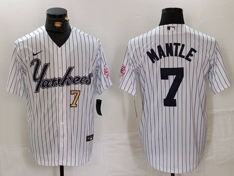 Men New York Yankees #7 Mantle White stripe Three generations of joint names Nike 2024 MLB Jersey style 2->new york yankees->MLB Jersey